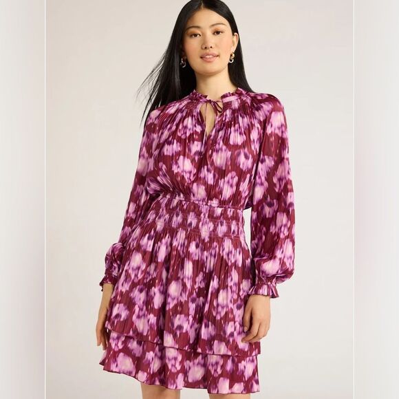 Scoop long sleeve raspberry wine floral smocked satin ruffle dress size medium - Picture 1 of 12